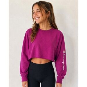 Champion Girls Large Hot Pink Cropped Sweatshirt Long Sleeve‎ Logo Athleisure L
